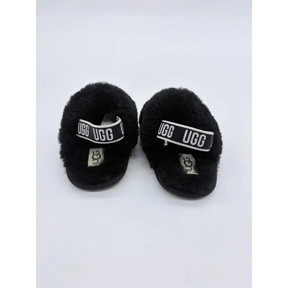 UGG Baby Girl Fluff Yeah Black Slides Pink First Steps Size 0-6 6-9 Month